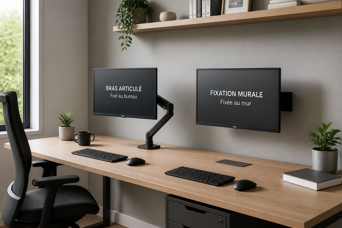 Deux configurations de bureau comparant un moniteur sur bras ecran et un moniteur sur fixation murale.