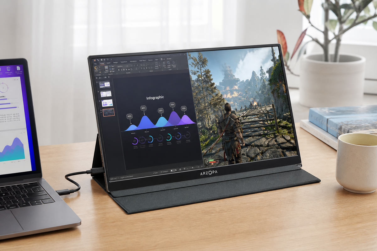 Moniteur portable connecte a un ordinateur portable sur un bureau, affichant un usage travail et gaming.