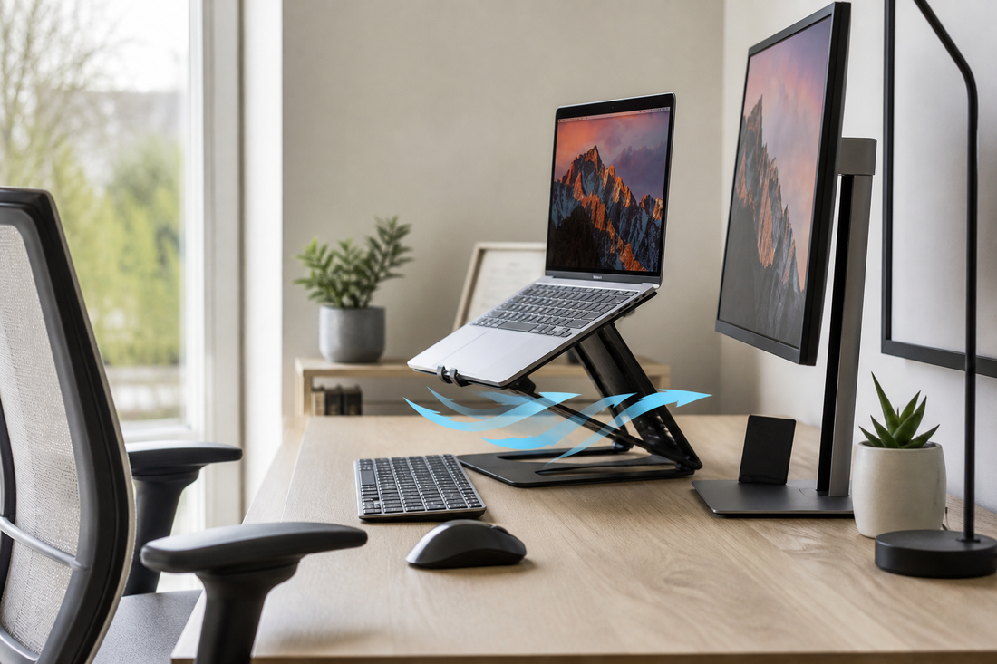 Ordinateur portable sur support ergonomique avec clavier externe sur un bureau moderne.