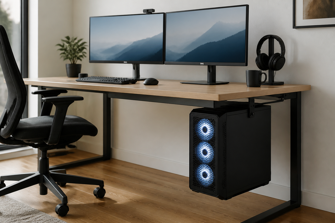 Tour PC fixee sous un bureau sur un support avec espace libre autour du boitier.