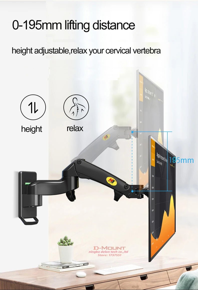 NB F150 Aluminum Gas Spring 3-12kg 100x100 75x75 17'-35' TV Monitor Wall Mount Screen Air Press Wall Bracket Holder Tilt Swivel - bys-store-2808647-281648