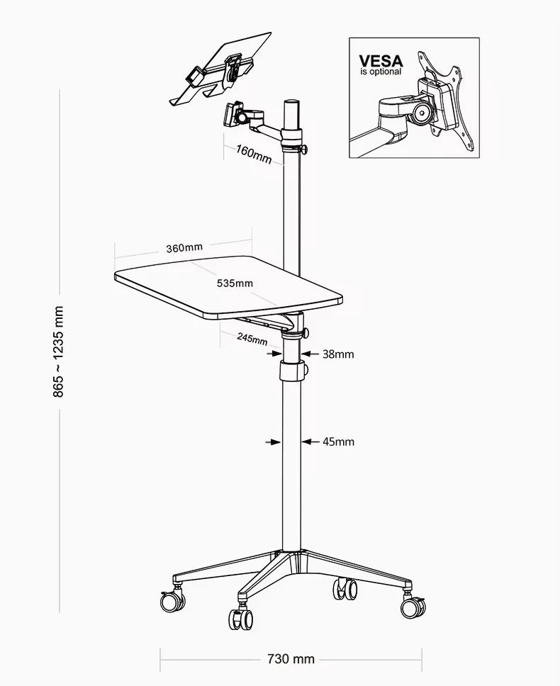 UT-2 Ergonomic Full Motion 2in1 Laptop Floor Stand Monitor Keyboard Support Height Adjust Moving Notebook Desk Home Office - bys-store-2808647-281648