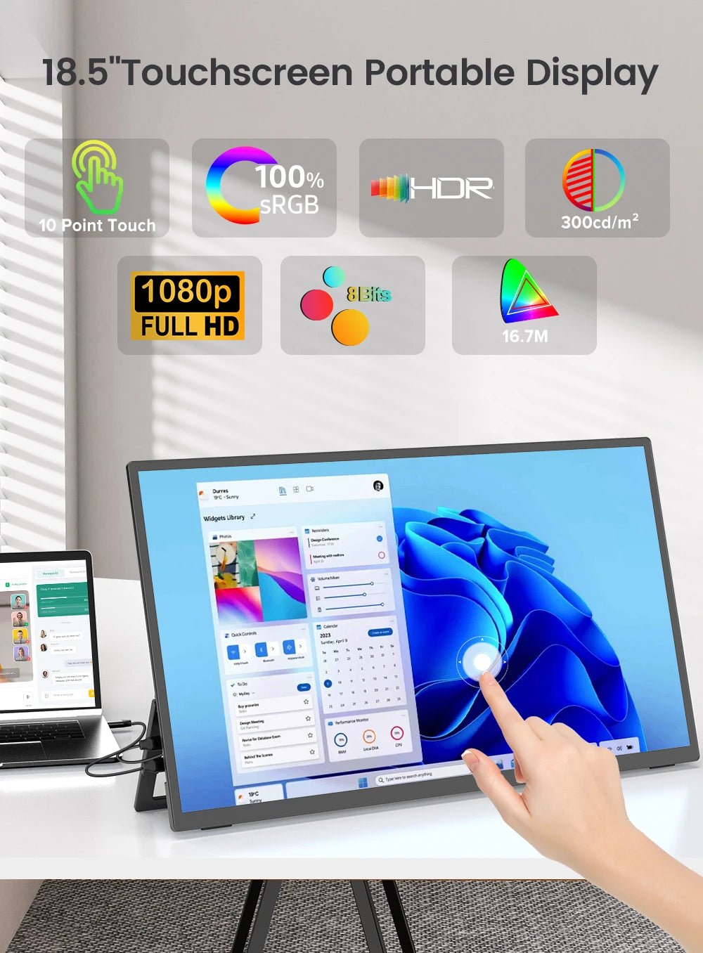 UPERFECT 18.5" Touchscreen Smart Portable Monitor with Metal Frame FreeSync 100%sRGB HDR 120Hz Gaming Screen Extender for Laptop - bys-store-2808647-281648